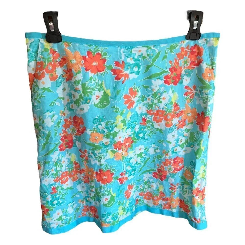 L.L. Bean Favorite Fit Straight Skirt Bright Aqua Floral Summery Size 12